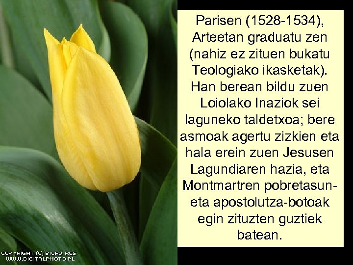 Parisen (1528 -1534), Arteetan graduatu zen (nahiz ez zituen bukatu Teologiako ikasketak). Han berean