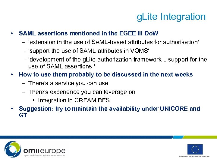 g. Lite Integration • SAML assertions mentioned in the EGEE III Do. W –