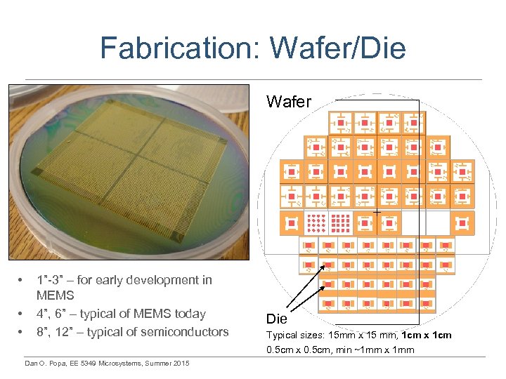 Fabrication: Wafer/Die Wafer • • • 1”-3” – for early development in MEMS 4”,