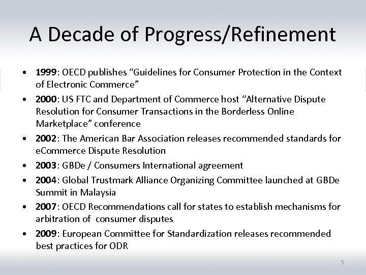 A Decade of Progress/Refinement • 1999: OECD publishes “Guidelines for Consumer Protection in the