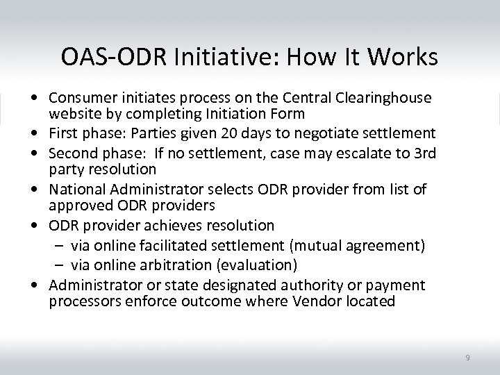 OAS-ODR Initiative: How It Works • Consumer initiates process on the Central Clearinghouse website