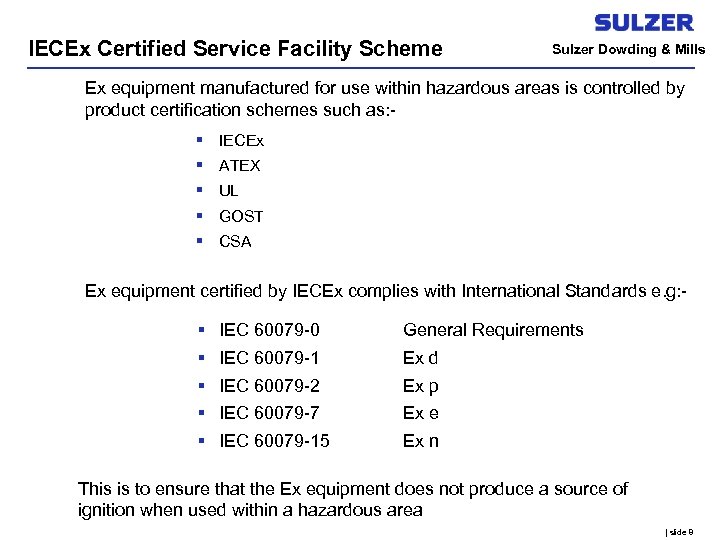 IECEx Certified Service Facility Scheme Sulzer Dowding & Mills Ex equipment manufactured for use