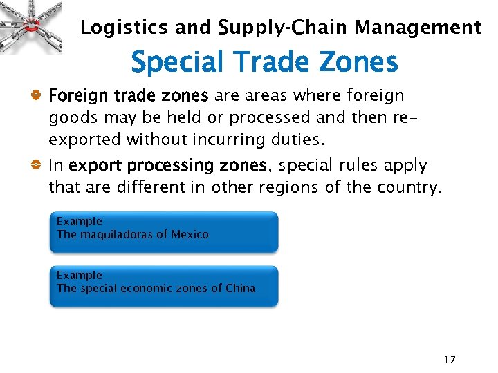 Logistics and Supply-Chain Management Special Trade Zones Foreign trade zones areas where foreign goods