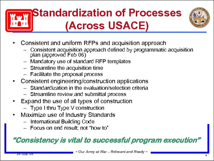 Standardization of Processes (Across USACE) • Consistent and uniform RFPs and acquisition approach –