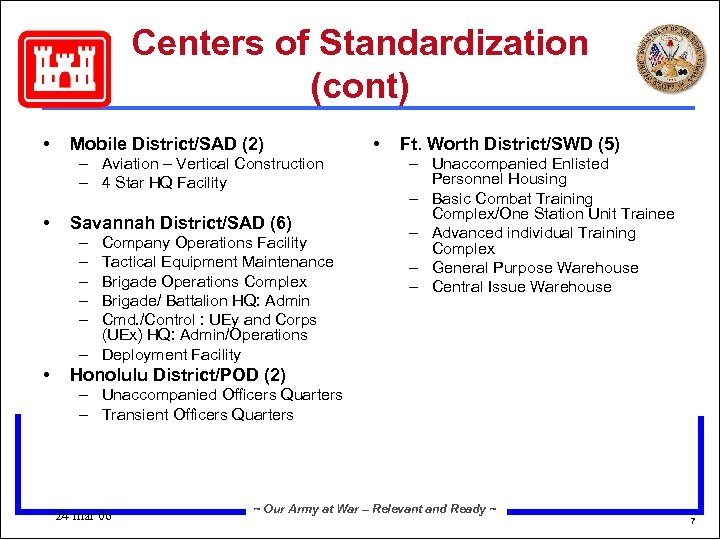 Centers of Standardization (cont) • Mobile District/SAD (2) – Aviation – Vertical Construction –