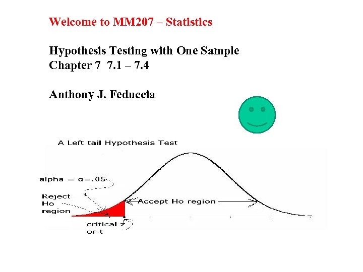 Welcome to MM 207 – Statistics Hypothesis Testing with One Sample Chapter 7 7.