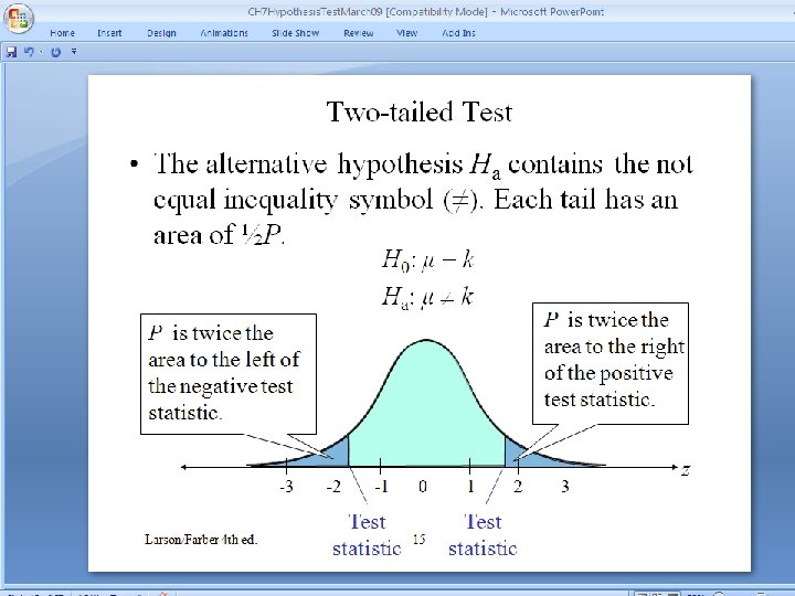 Two-tailed Test • The alternative hypothesis Ha contains the not equal inequality symbol (≠).