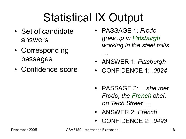 Statistical IX Output • Set of candidate answers • Corresponding passages • Confidence score