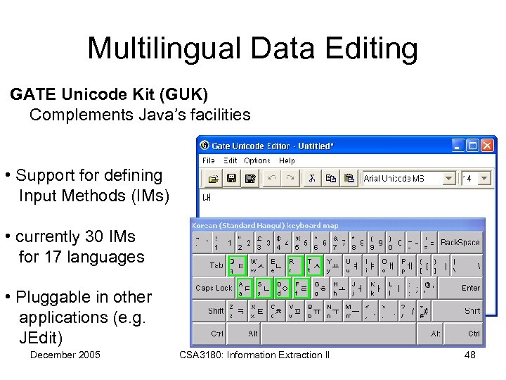 Multilingual Data Editing GATE Unicode Kit (GUK) Complements Java’s facilities • Support for defining