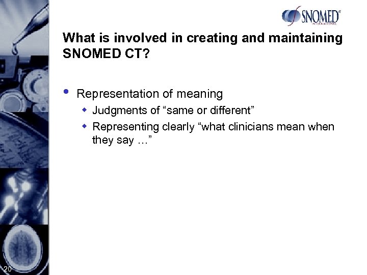 What is involved in creating and maintaining SNOMED CT? • Representation of meaning w