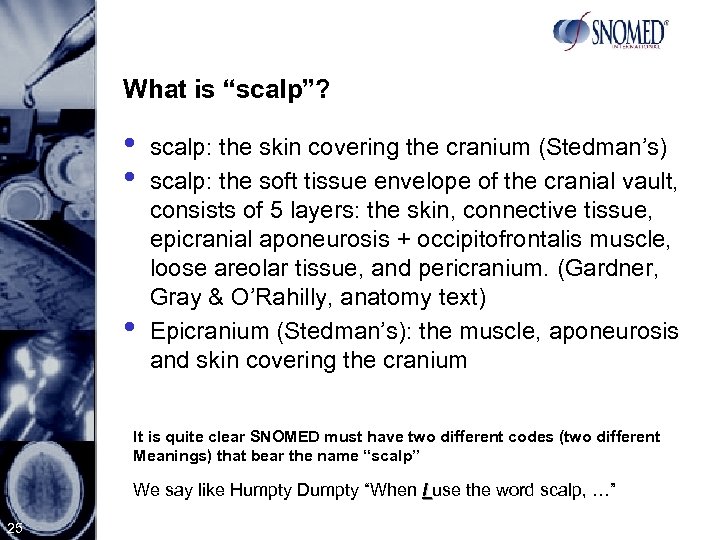 What is “scalp”? • • • scalp: the skin covering the cranium (Stedman’s) scalp: