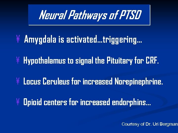Neural Pathways of PTSD ¥ Amygdala is activated…triggering… ¥ Hypothalamus to signal the Pituitary