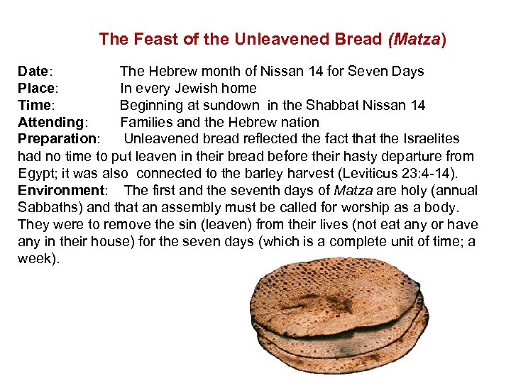 The Feast of the Unleavened Bread (Matza) Date: The Hebrew month of Nissan 14