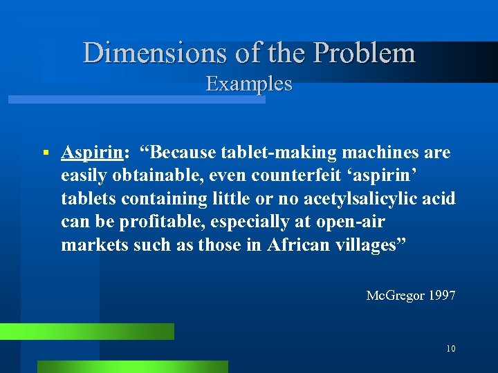 Dimensions of the Problem Examples § Aspirin: “Because tablet-making machines are easily obtainable, even