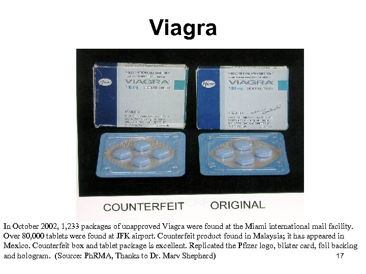 Viagra In October 2002, 1, 233 packages of unapproved Viagra were found at the
