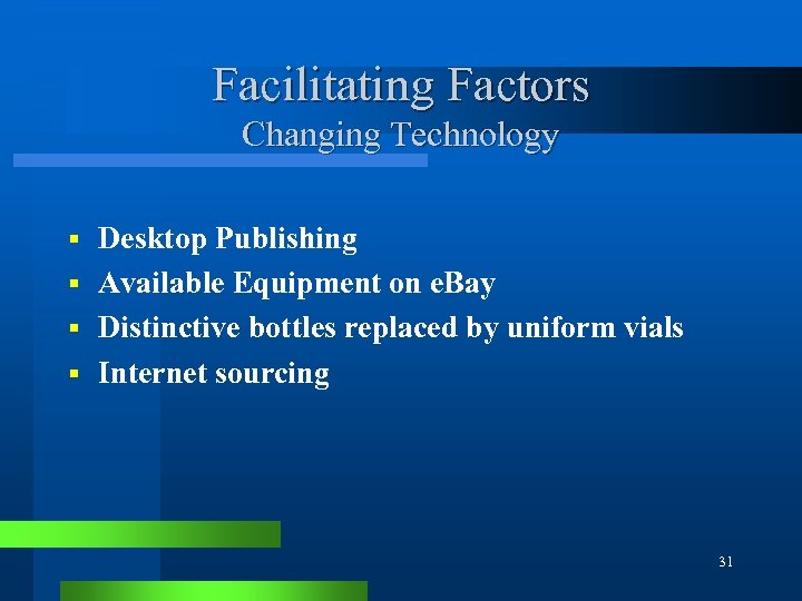 Facilitating Factors Changing Technology Desktop Publishing § Available Equipment on e. Bay § Distinctive