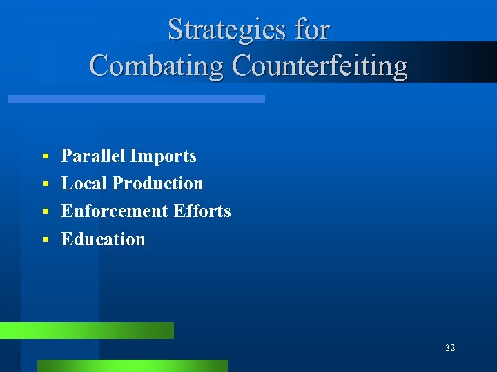 Strategies for Combating Counterfeiting Parallel Imports § Local Production § Enforcement Efforts § Education