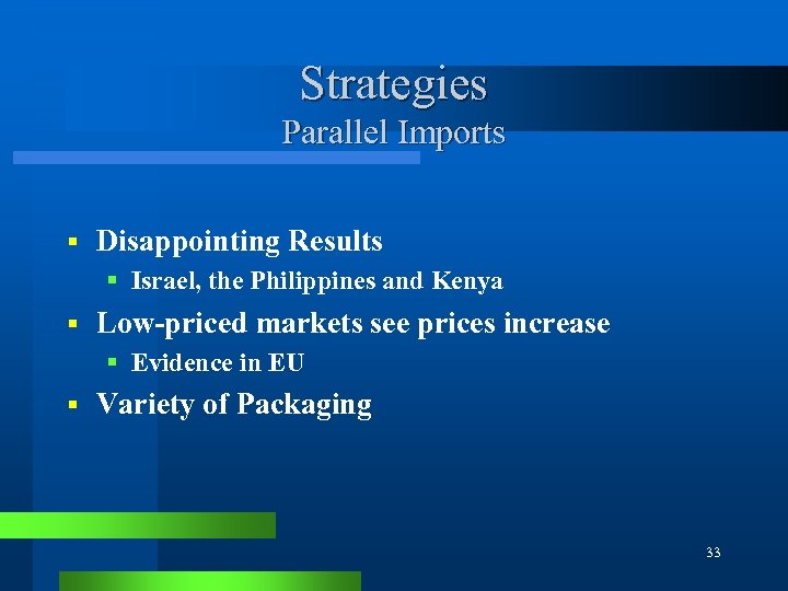 Strategies Parallel Imports § Disappointing Results § Israel, the Philippines and Kenya § Low-priced