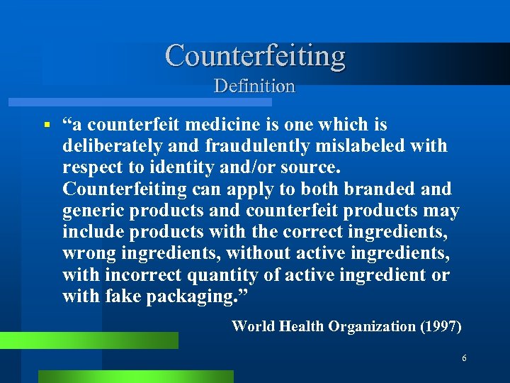 Counterfeiting Definition § “a counterfeit medicine is one which is deliberately and fraudulently mislabeled
