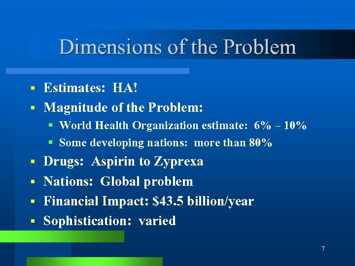 Dimensions of the Problem Estimates: HA! § Magnitude of the Problem: § § World
