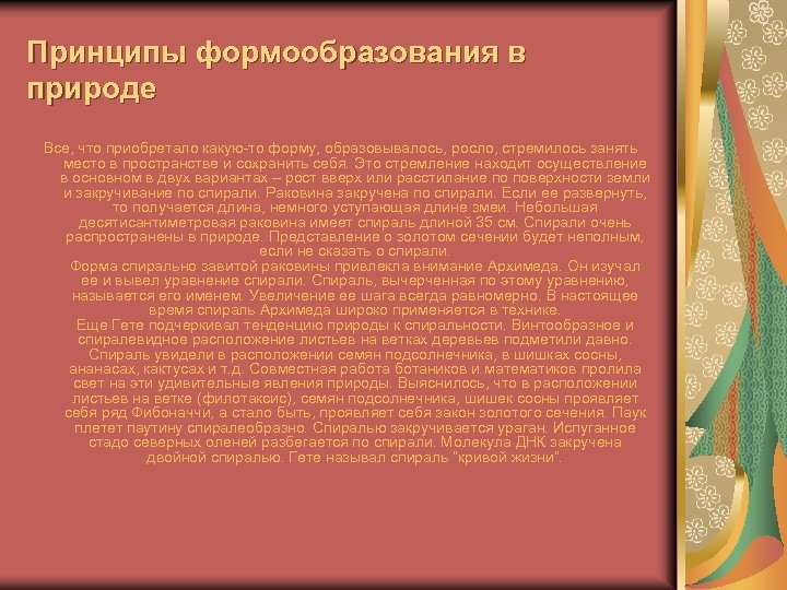 Принципы формообразования в природе Все, что приобретало какую-то форму, образовывалось, росло, стремилось занять место