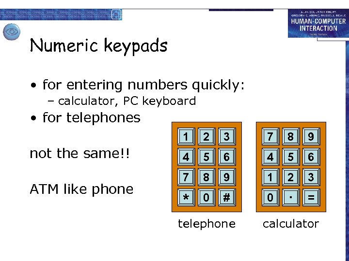 Numeric keypads • for entering numbers quickly: – calculator, PC keyboard • for telephones