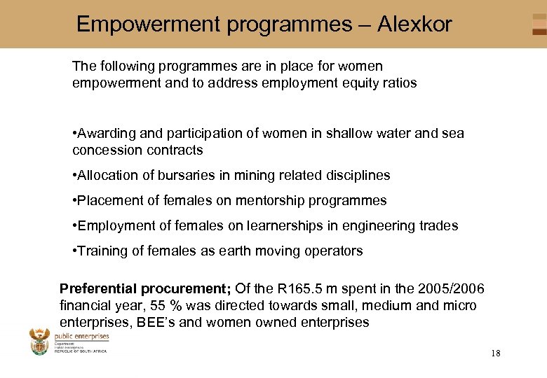 Empowerment programmes – Alexkor The following programmes are in place for women empowerment and