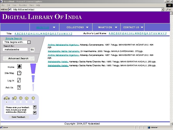 http: //dli. ernet. in/aui DIGITAL LIBRARY OF INDIA ABOUT US Title: COLLECTIONS A B