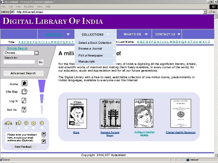 http: //dli. ernet. in/aui DIGITAL LIBRARY OF INDIA ABOUT US Title: COLLECTIONS WHAT’S ON