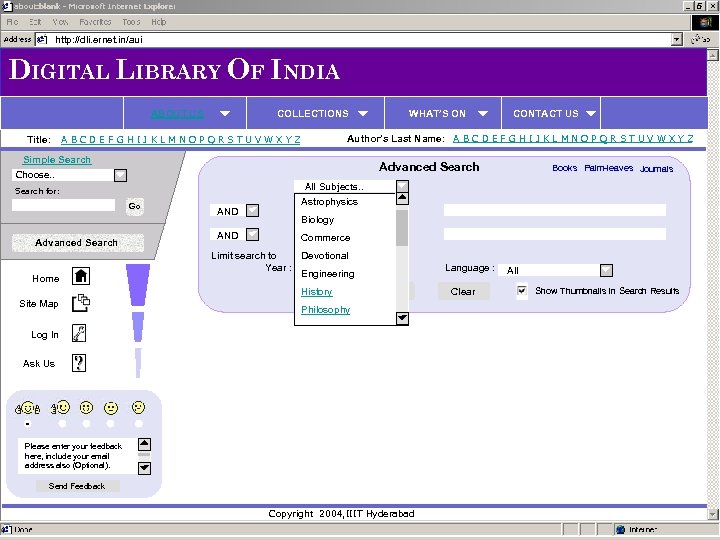 http: //dli. ernet. in/aui DIGITAL LIBRARY OF INDIA ABOUT US Title: COLLECTIONS A B
