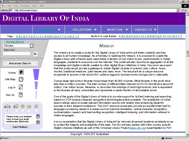 http: //dli. ernet. in/aui DIGITAL LIBRARY OF INDIA ABOUT US Title: COLLECTIONS A B