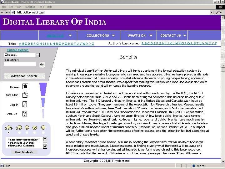 http: //dli. ernet. in/aui DIGITAL LIBRARY OF INDIA ABOUT US Title: COLLECTIONS A B