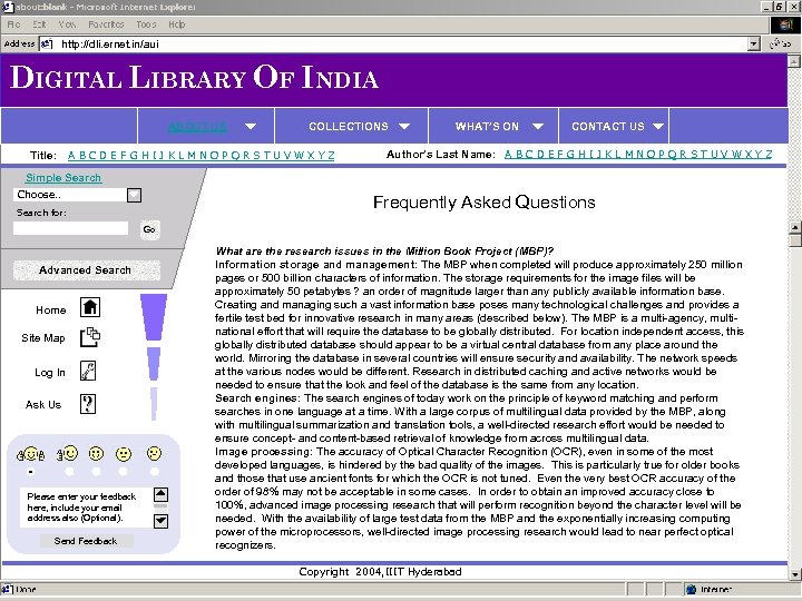http: //dli. ernet. in/aui DIGITAL LIBRARY OF INDIA ABOUT US Title: COLLECTIONS A B