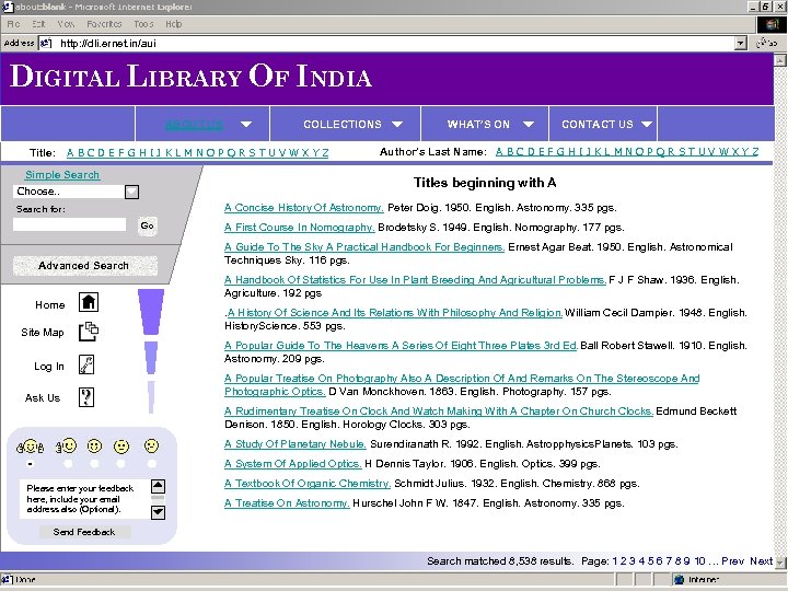 http: //dli. ernet. in/aui DIGITAL LIBRARY OF INDIA ABOUT US Title: COLLECTIONS A B