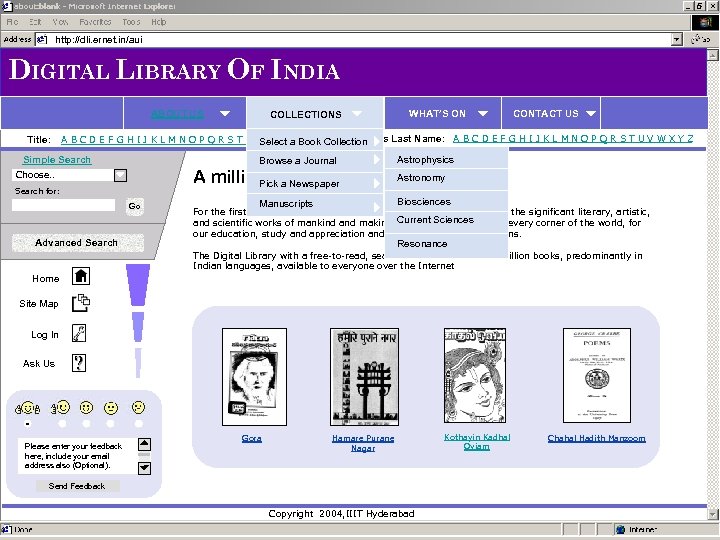 http: //dli. ernet. in/aui DIGITAL LIBRARY OF INDIA ABOUT US Title: COLLECTIONS WHAT’S ON