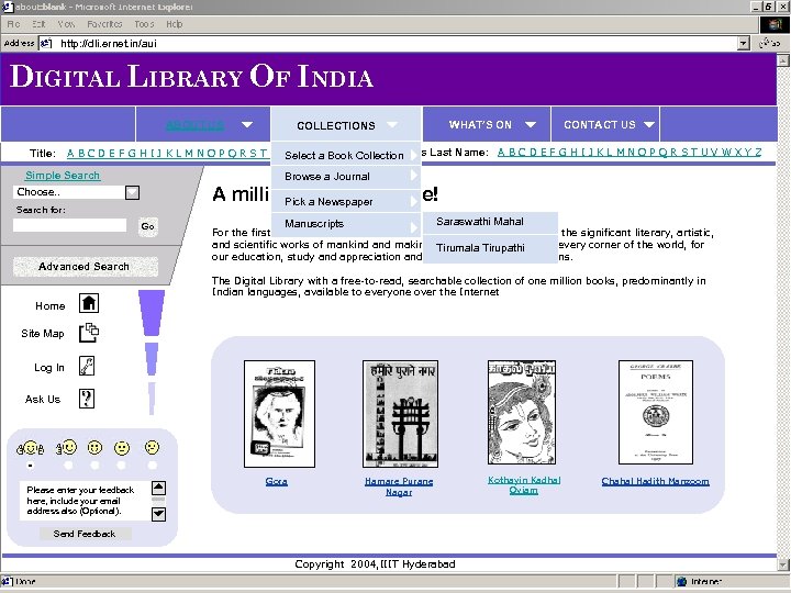 http: //dli. ernet. in/aui DIGITAL LIBRARY OF INDIA ABOUT US Title: COLLECTIONS WHAT’S ON