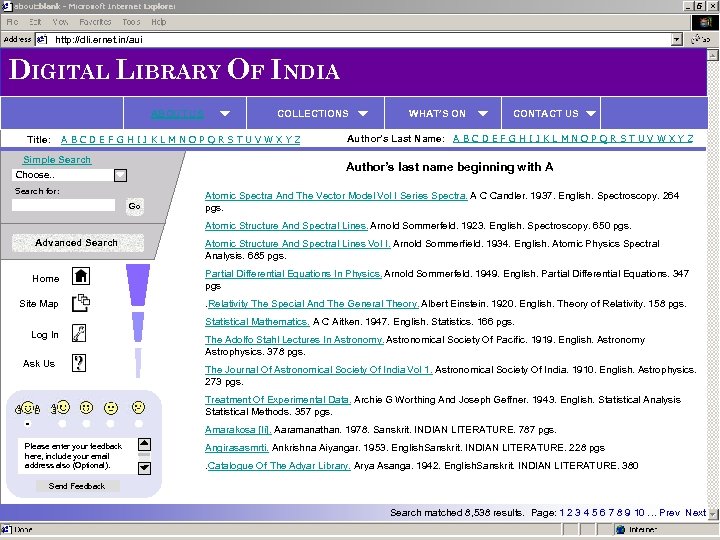 http: //dli. ernet. in/aui DIGITAL LIBRARY OF INDIA ABOUT US Title: COLLECTIONS A B