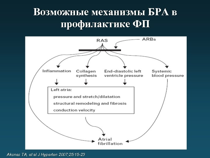 Возможные механизмы БРА в профилактике ФП Aksnes TA, et al J Hyperten 2007; 25: