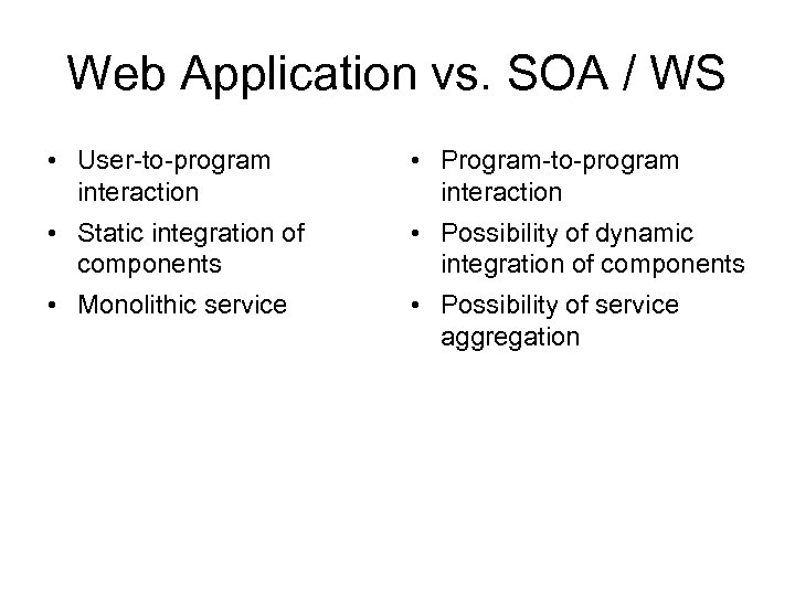 Web Application vs. SOA / WS • User-to-program interaction • Program-to-program interaction • Static