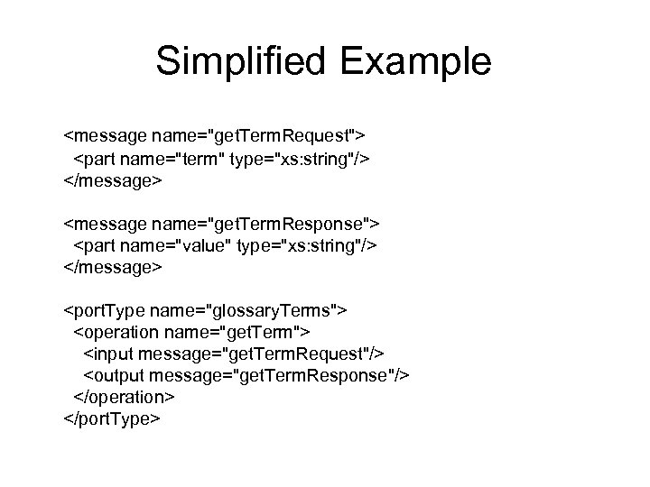 Simplified Example <message name="get. Term. Request"> <part name="term" type="xs: string"/> </message> <message name="get. Term.