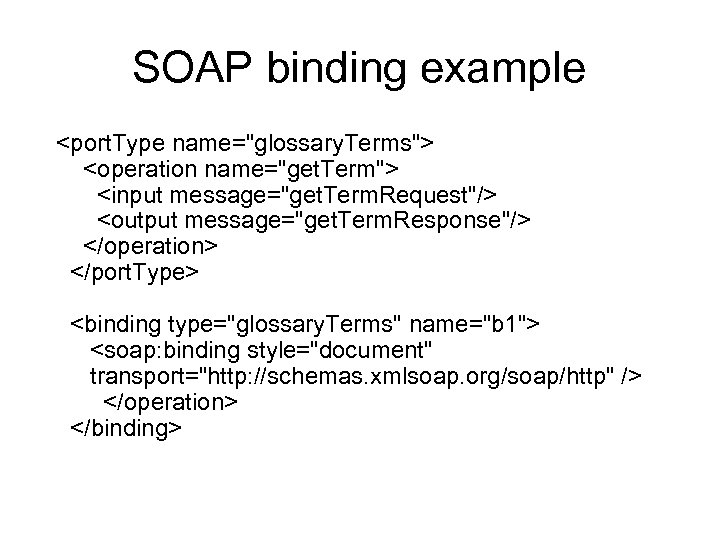 SOAP binding example <port. Type name="glossary. Terms"> <operation name="get. Term"> <input message="get. Term. Request"/>