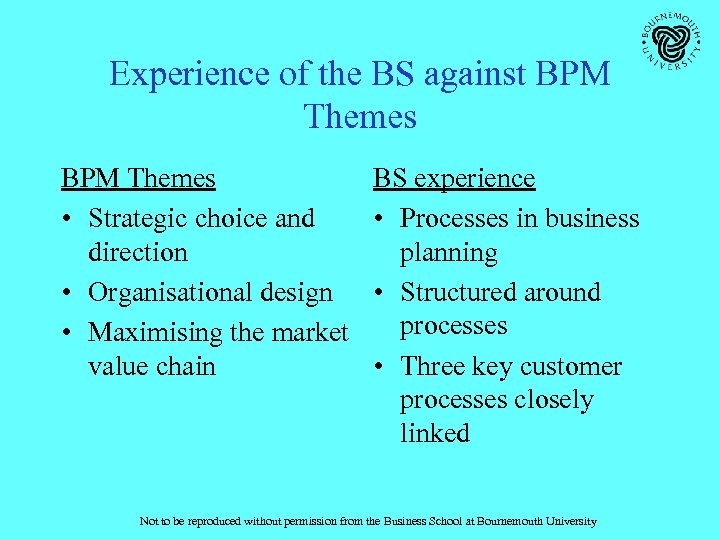 Experience of the BS against BPM Themes • Strategic choice and direction • Organisational