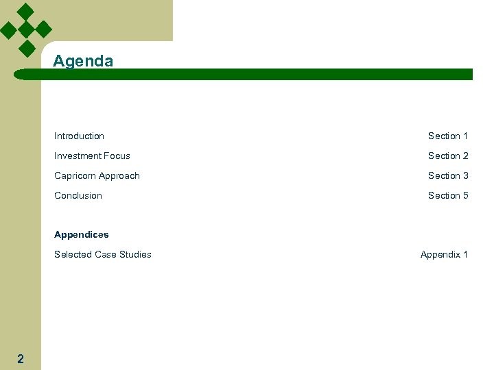 Agenda Introduction Section 1 Investment Focus Section 2 Capricorn Approach Section 3 Conclusion Section