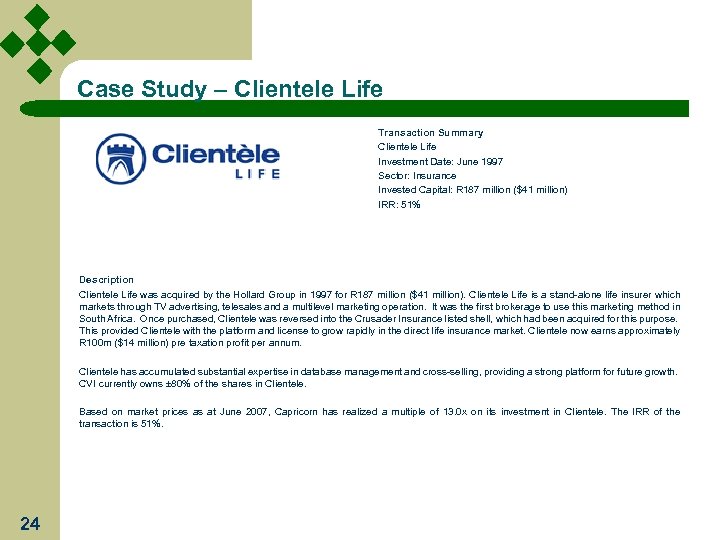 Case Study – Clientele Life Transaction Summary Clientele Life Investment Date: June 1997 Sector: