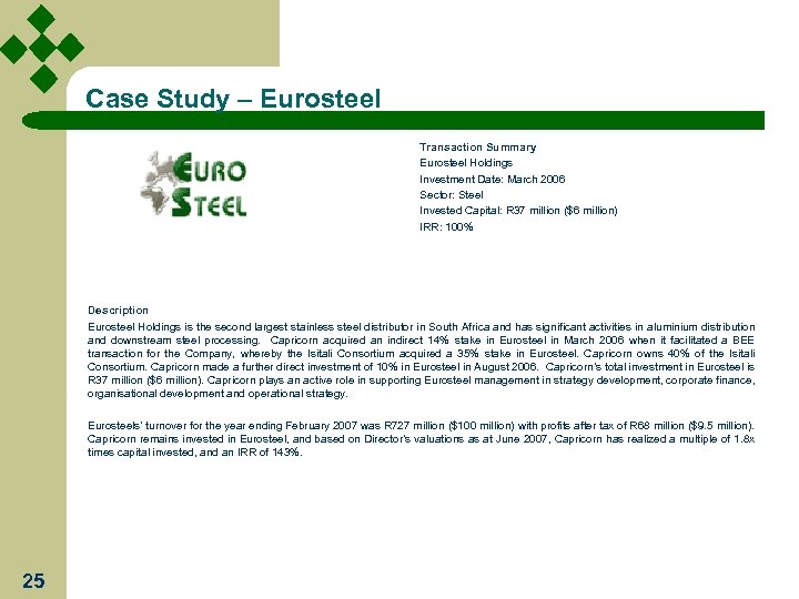 Case Study – Eurosteel Transaction Summary Eurosteel Holdings Investment Date: March 2006 Sector: Steel