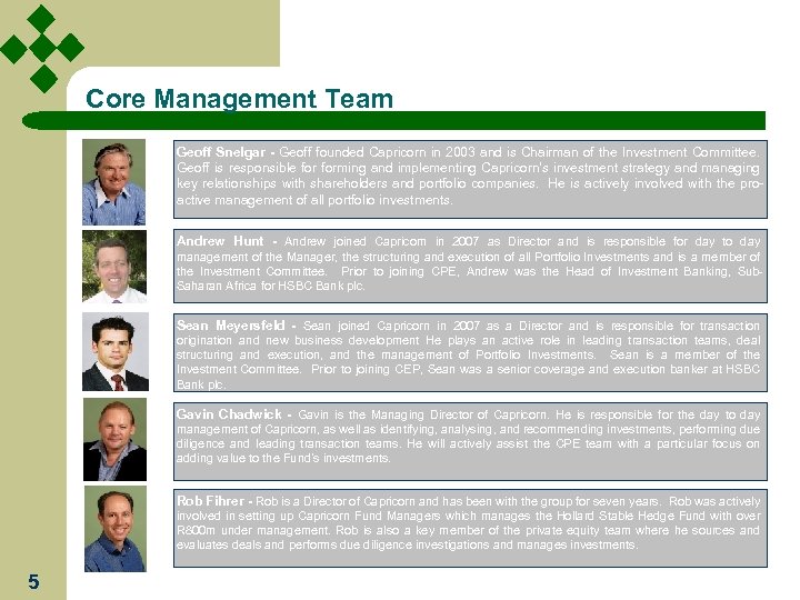 Core Management Team Geoff Snelgar - Geoff founded Capricorn in 2003 and is Chairman