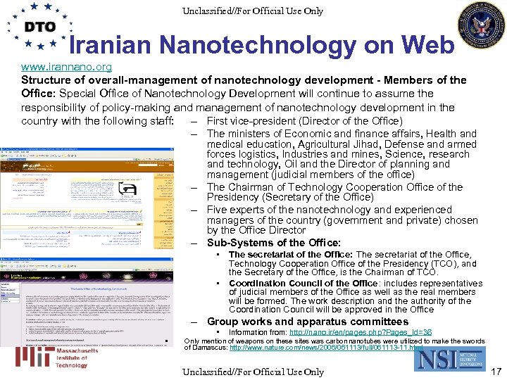 Unclassified//For Official Use Only Iranian Nanotechnology on Web www. irannano. org Structure of overall-management