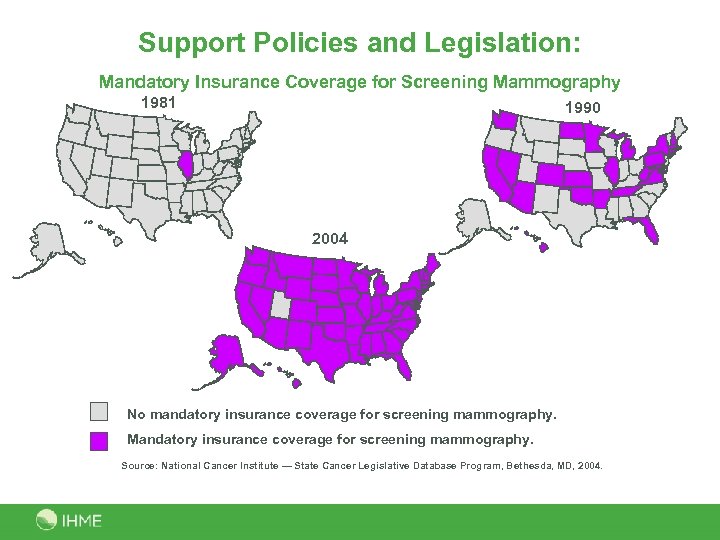 Support Policies and Legislation: Mandatory Insurance Coverage for Screening Mammography 1981 1990 2004 No