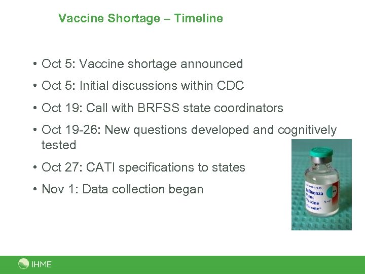 Vaccine Shortage – Timeline • Oct 5: Vaccine shortage announced • Oct 5: Initial