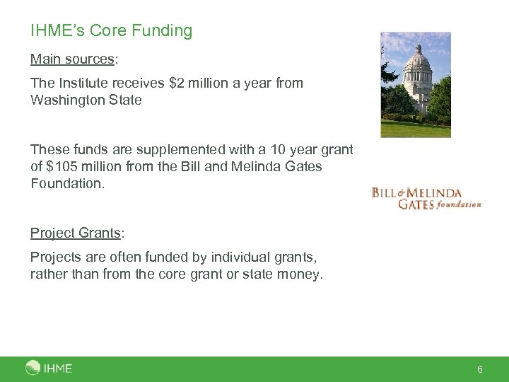 IHME’s Core Funding Main sources: The Institute receives $2 million a year from Washington